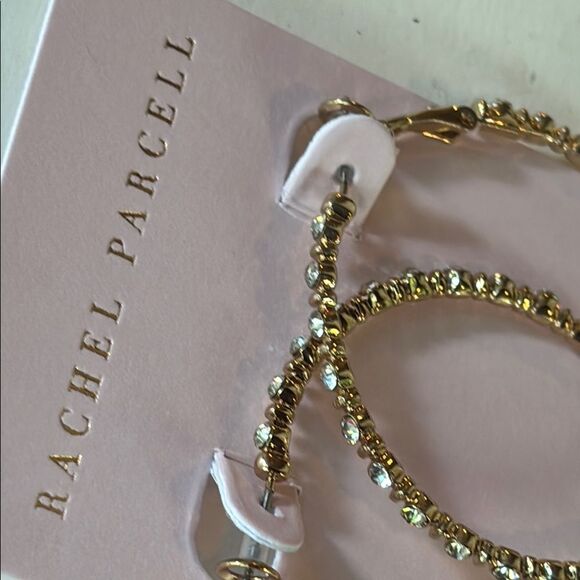 NWT Rachel Parcell Gold Tone Rhinestone Clear Crystal Hoop Earrings - Picture 3 of 4